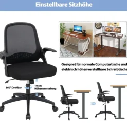 Ergonomischer Bürostuhl mit Klappbaren Armlehnen & Mittlerer Rückenlehne Schwarz