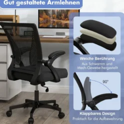 Ergonomischer Bürostuhl mit klappbaren Armlehnen Schreibtischstuhl mit mittlerer Rückenlehne 57 x 63 x 90–100 cm Schwarz