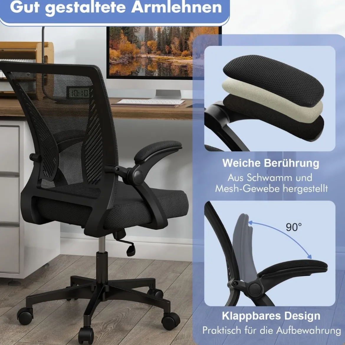 Ergonomischer Bürostuhl mit klappbaren Armlehnen Schreibtischstuhl mit mittlerer Rückenlehne 57 x 63 x 90–100 cm Schwarz