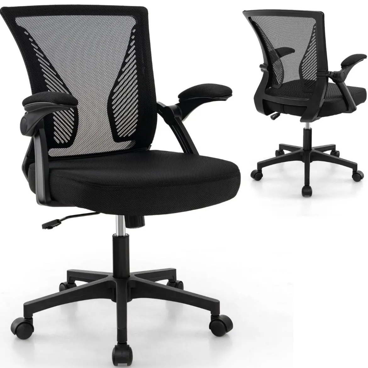Ergonomischer Bürostuhl mit klappbaren Armlehnen Schreibtischstuhl mit mittlerer Rückenlehne 57 x 63 x 90–100 cm Schwarz
