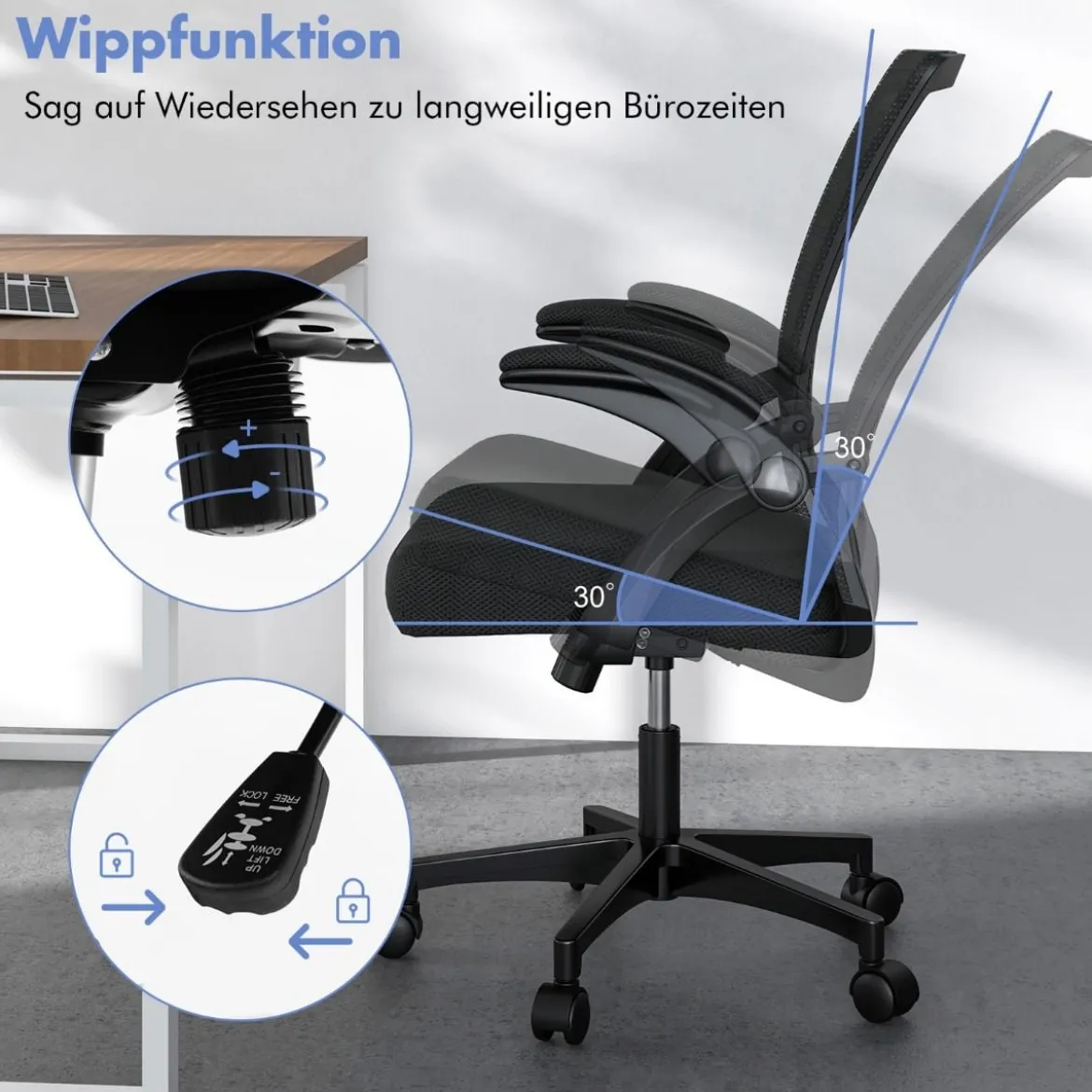 Ergonomischer Bürostuhl mit klappbaren Armlehnen Schreibtischstuhl mit mittlerer Rückenlehne 57 x 63 x 90–100 cm Schwarz