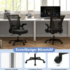 Ergonomischer Bürostuhl mit klappbaren Armlehnen Schreibtischstuhl mit mittlerer Rückenlehne 57 x 63 x 90–100 cm Schwarz