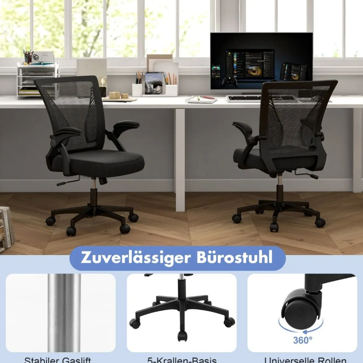 Ergonomischer Bürostuhl mit klappbaren Armlehnen Schreibtischstuhl mit mittlerer Rückenlehne 57 x 63 x 90–100 cm Schwarz