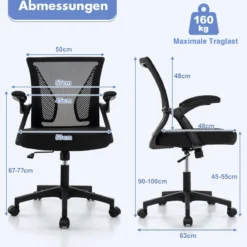 Ergonomischer Bürostuhl mit klappbaren Armlehnen Schreibtischstuhl mit mittlerer Rückenlehne 57 x 63 x 90–100 cm Schwarz