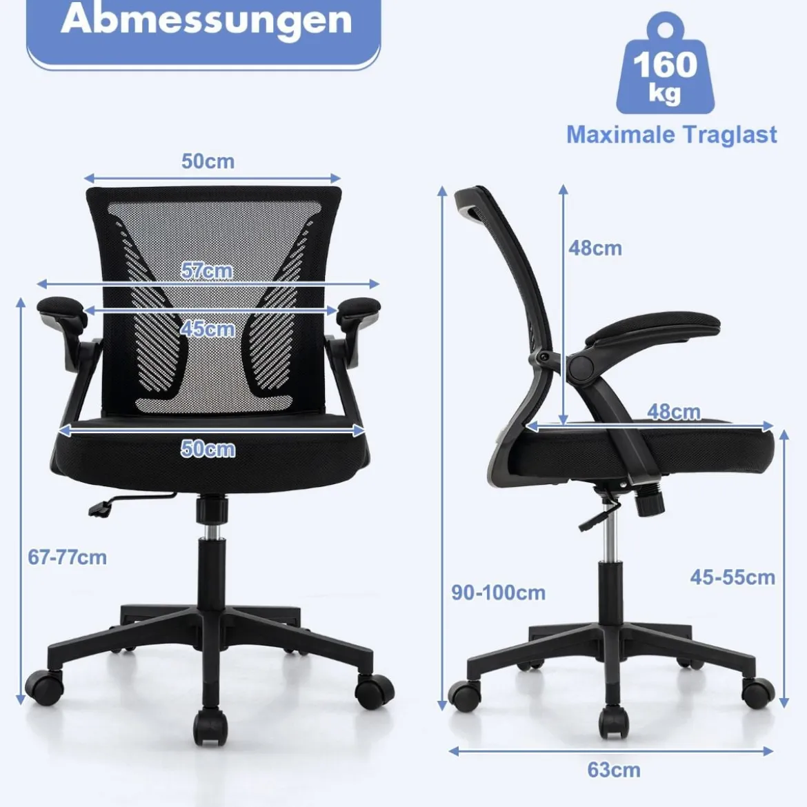 Ergonomischer Bürostuhl mit klappbaren Armlehnen Schreibtischstuhl mit mittlerer Rückenlehne 57 x 63 x 90–100 cm Schwarz