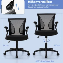 Ergonomischer Bürostuhl mit klappbaren Armlehnen Schreibtischstuhl mit mittlerer Rückenlehne 57 x 63 x 90–100 cm Schwarz