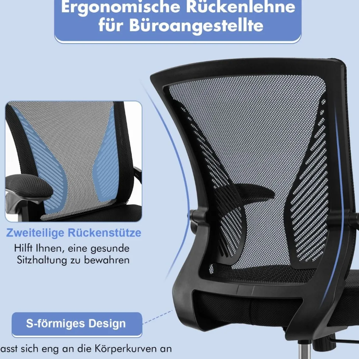 Ergonomischer Bürostuhl mit klappbaren Armlehnen Schreibtischstuhl mit mittlerer Rückenlehne 57 x 63 x 90–100 cm Schwarz