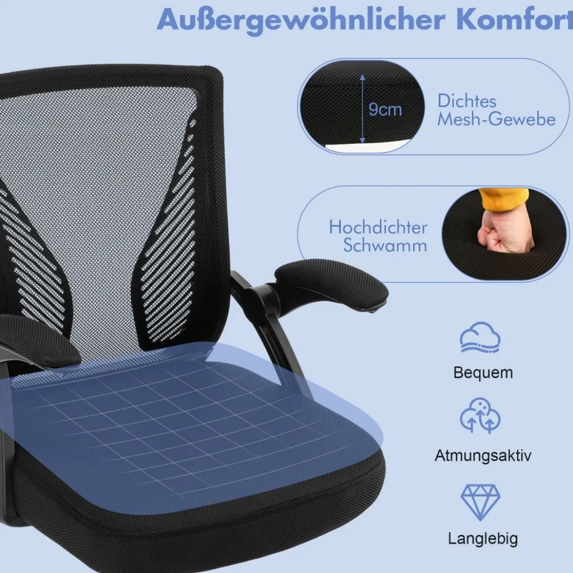 Ergonomischer Bürostuhl mit klappbaren Armlehnen Schreibtischstuhl mit mittlerer Rückenlehne 57 x 63 x 90–100 cm Schwarz