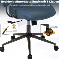 Ergonomischer Bürostuhl mit Leinenstoff & Verstellbarer Rückenlehne & Kopfstütze Schreibtischstuhl Blau