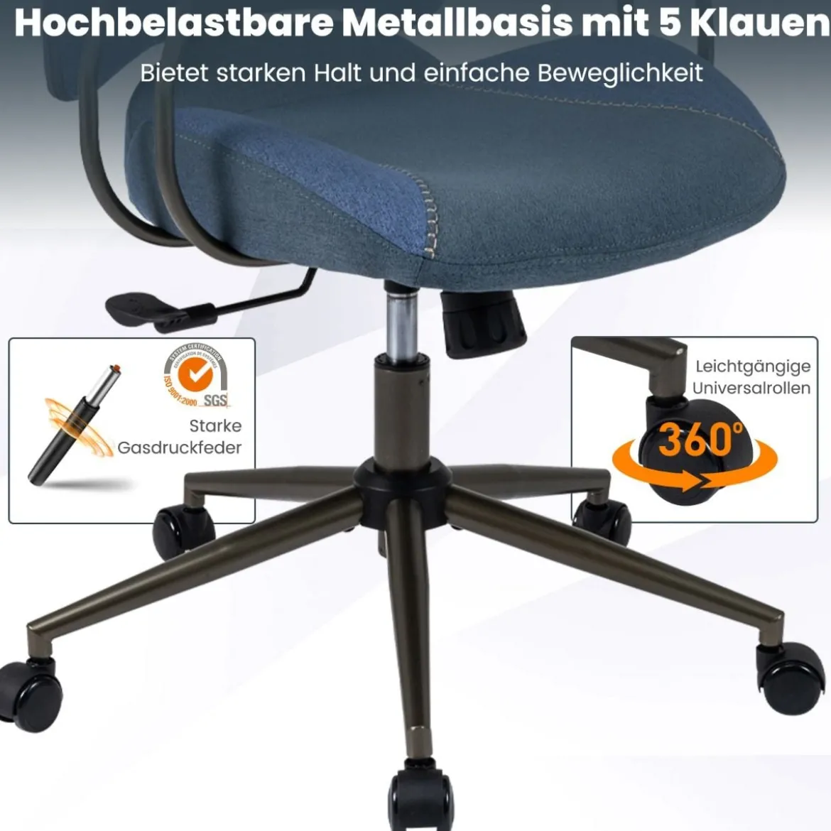 Ergonomischer Bürostuhl mit Leinenstoff & Verstellbarer Rückenlehne & Kopfstütze Schreibtischstuhl Blau