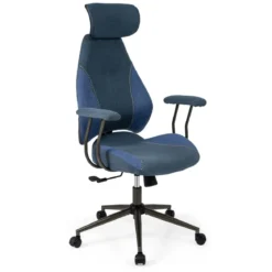 Ergonomischer Bürostuhl mit Leinenstoff & Verstellbarer Rückenlehne & Kopfstütze Schreibtischstuhl Blau