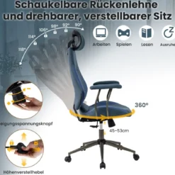 Ergonomischer Bürostuhl mit Leinenstoff & Verstellbarer Rückenlehne & Kopfstütze Schreibtischstuhl Blau