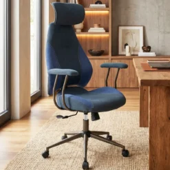 Ergonomischer Bürostuhl mit Leinenstoff & Verstellbarer Rückenlehne & Kopfstütze Schreibtischstuhl Blau