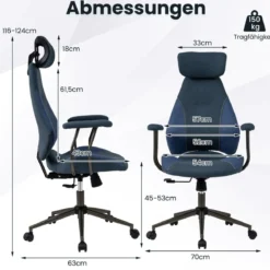 Ergonomischer Bürostuhl mit Leinenstoff & Verstellbarer Rückenlehne & Kopfstütze Schreibtischstuhl Blau