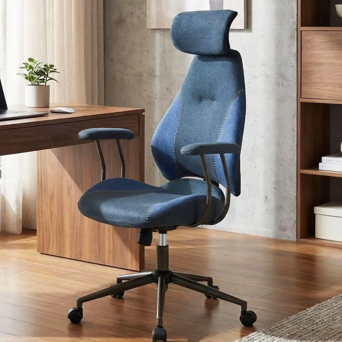 Ergonomischer Bürostuhl mit Leinenstoff & Verstellbarer Rückenlehne & Kopfstütze Schreibtischstuhl Blau