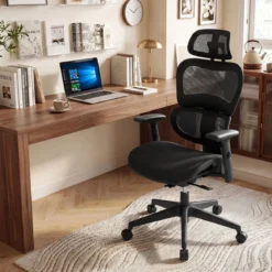 Ergonomischer Bürostuhl mit Mesh Schreibtischstuhl mit Verstellbarer Armlehne & Kopfstütze Schwarz