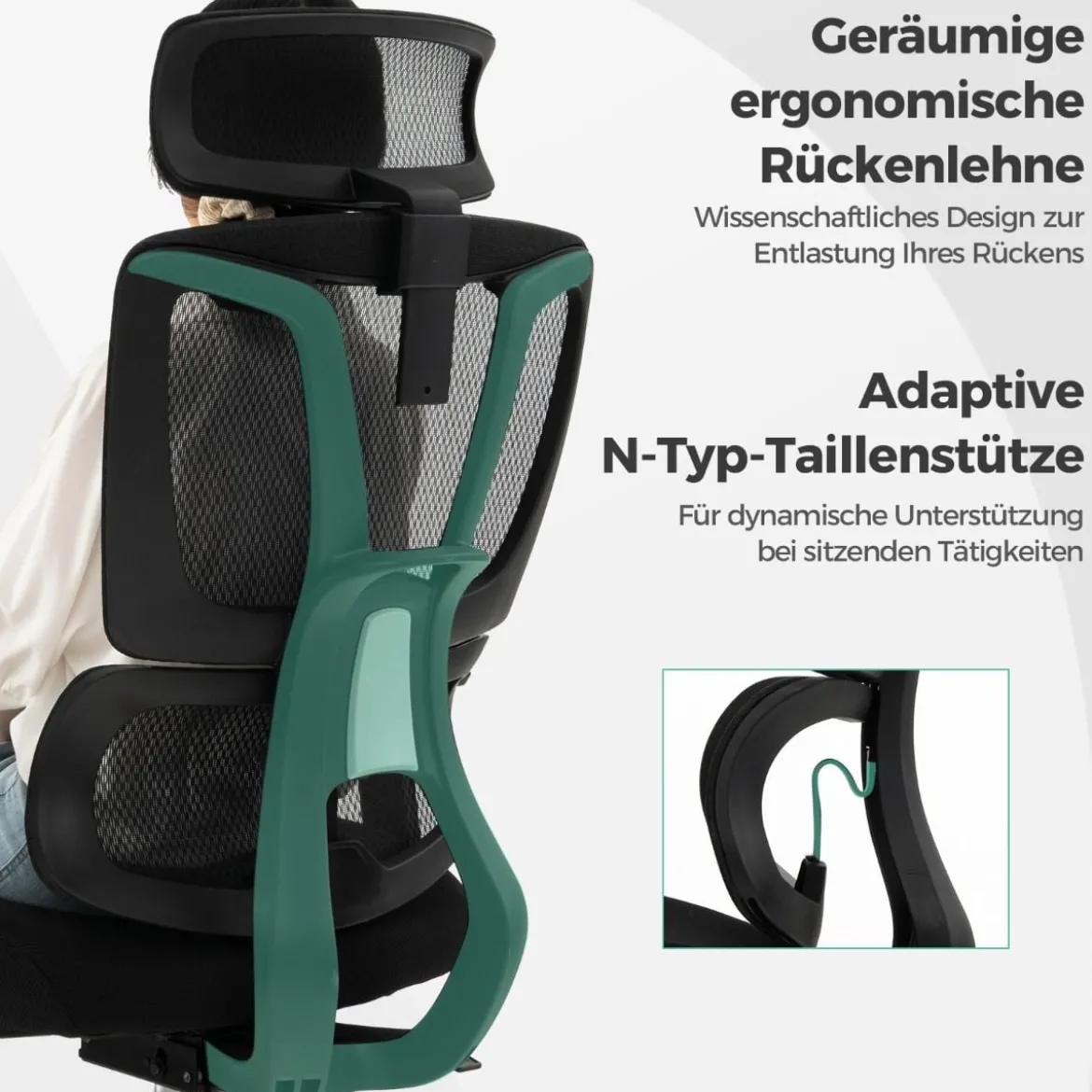 Ergonomischer Bürostuhl mit N-förmiger Lordosenstütze Drehbarer Schreibtischstuhl Schwarz