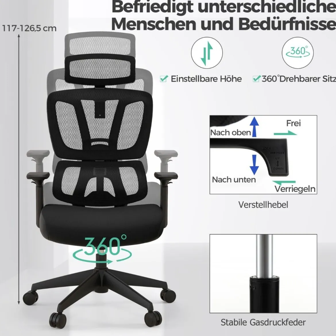 Ergonomischer Bürostuhl mit N-förmiger Lordosenstütze Drehbarer Schreibtischstuhl Schwarz