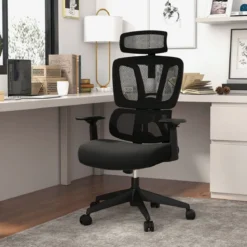 Ergonomischer Bürostuhl mit N-förmiger Lordosenstütze Drehbarer Schreibtischstuhl Schwarz
