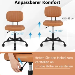 Ergonomischer Bürostuhl mit Rollen Armloser Schreibtischstuhl Gepolsterter Drehstuhl Braun