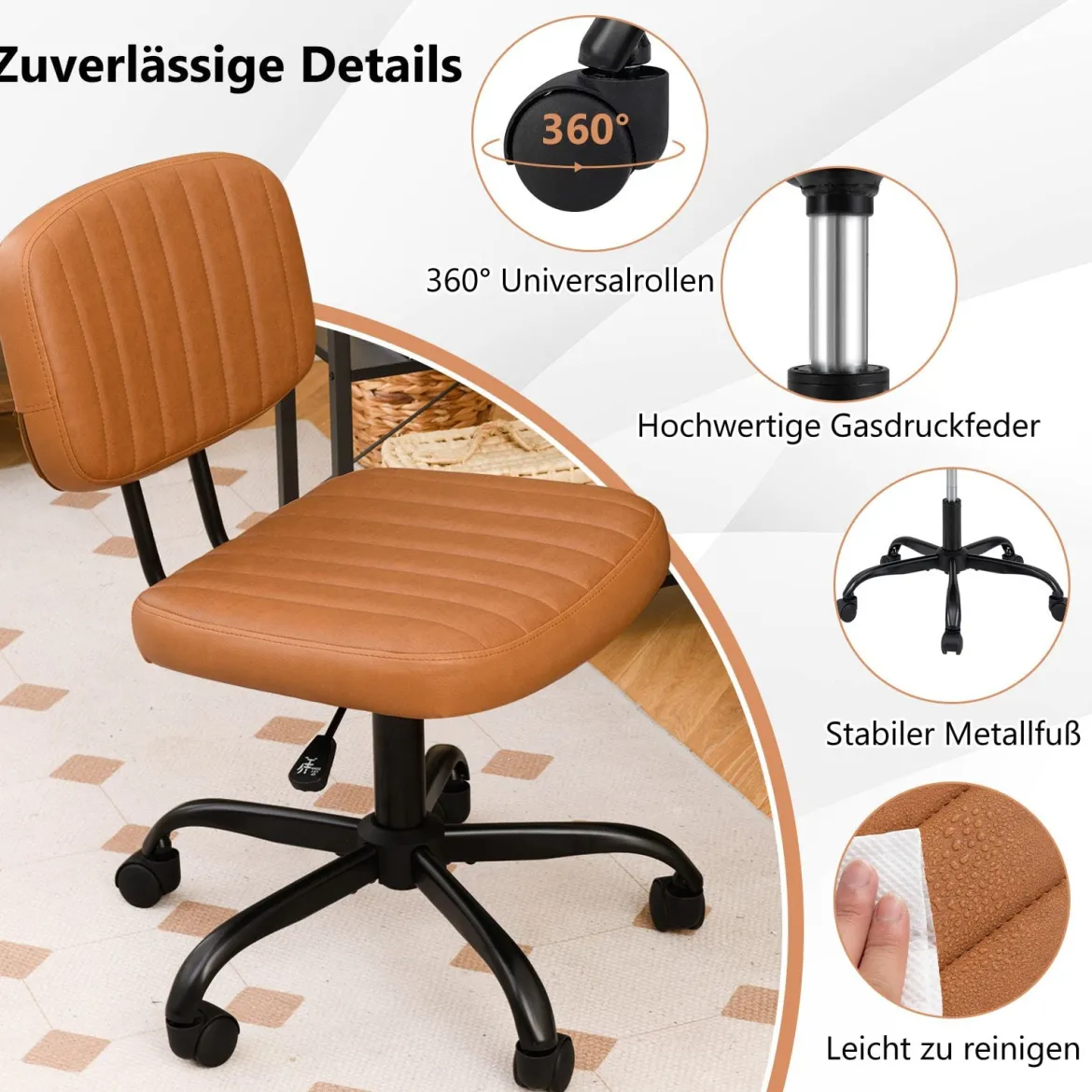Ergonomischer Bürostuhl mit Rollen Armloser Schreibtischstuhl Gepolsterter Drehstuhl Braun