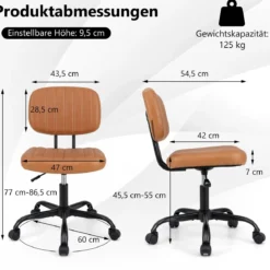 Ergonomischer Bürostuhl mit Rollen Armloser Schreibtischstuhl Gepolsterter Drehstuhl Braun