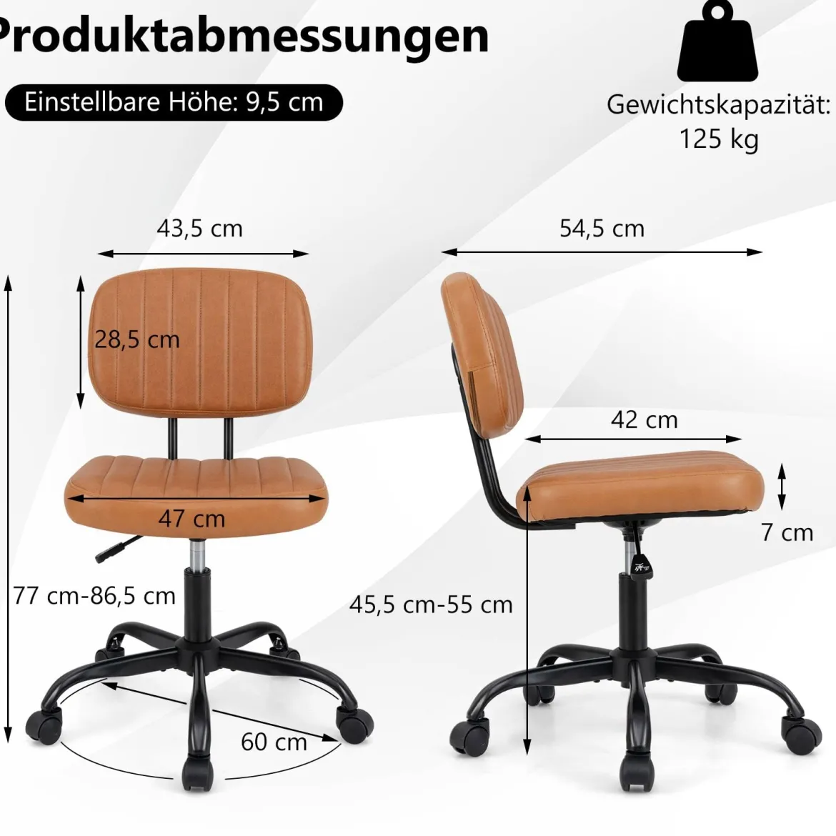 Ergonomischer Bürostuhl mit Rollen Armloser Schreibtischstuhl Gepolsterter Drehstuhl Braun