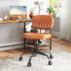 Ergonomischer Bürostuhl mit Rollen Armloser Schreibtischstuhl Gepolsterter Drehstuhl Braun