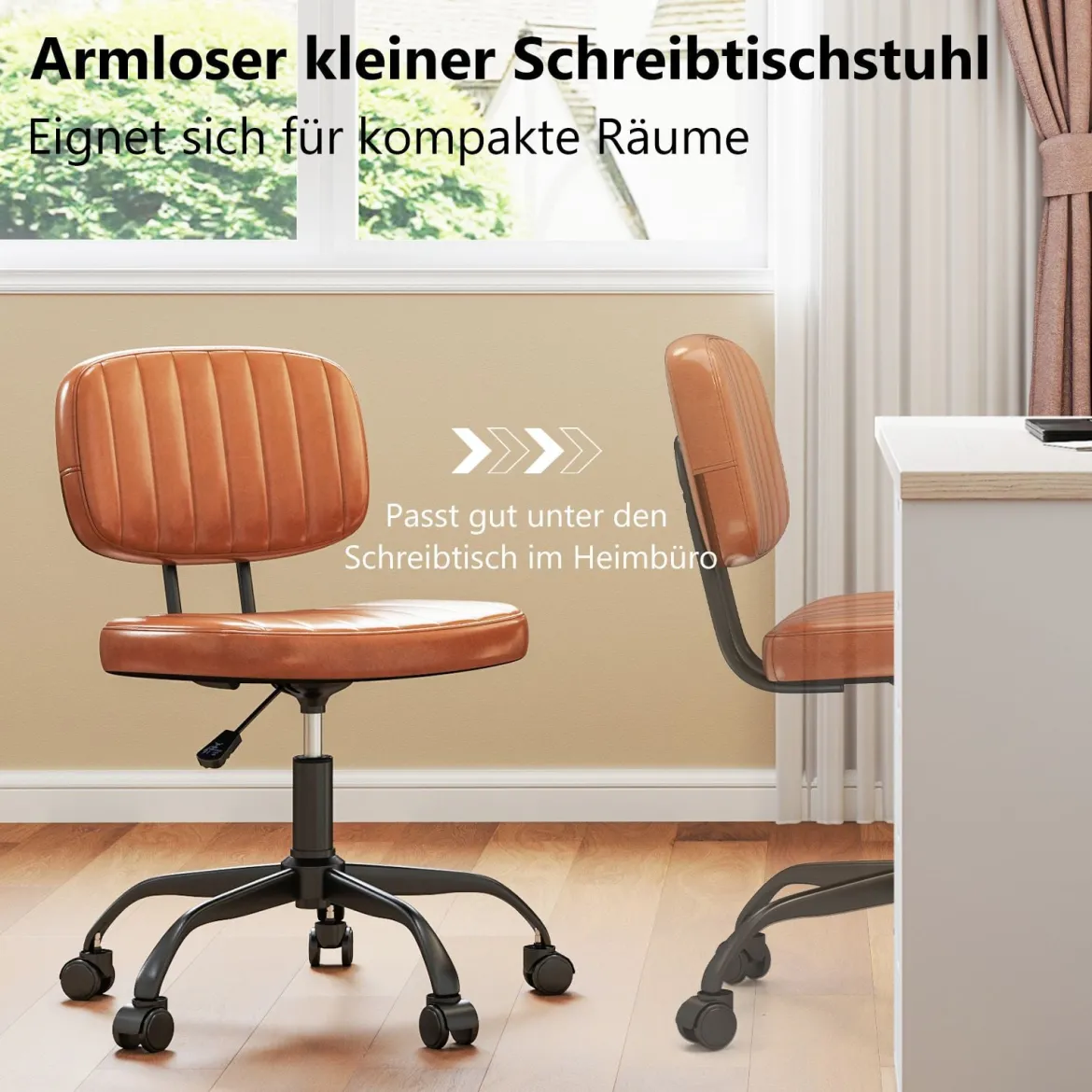 Ergonomischer Bürostuhl mit Rollen Armloser Schreibtischstuhl Gepolsterter Drehstuhl Braun