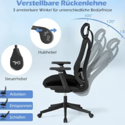 Ergonomischer Bürostuhl mit verstellbarer Lendenstütze & Kopfstütze & 3D-Armlehnen Schwarz