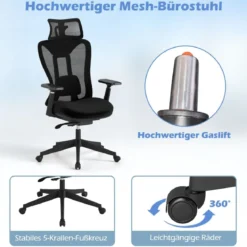 Ergonomischer Bürostuhl mit verstellbarer Lendenstütze & Kopfstütze & 3D-Armlehnen Schwarz
