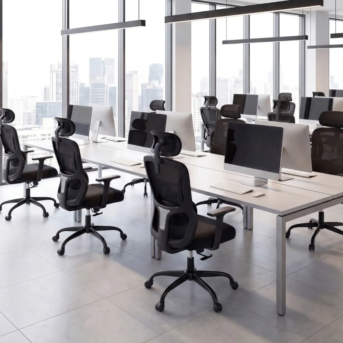 Ergonomischer Bürostuhl mit Verstellbarer Kopfstütze & Lendenstütze Schreibtischstuhl Schwarz