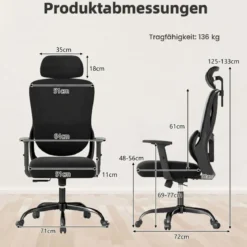 Ergonomischer Bürostuhl mit Verstellbarer Kopfstütze & Lendenstütze Schreibtischstuhl Schwarz