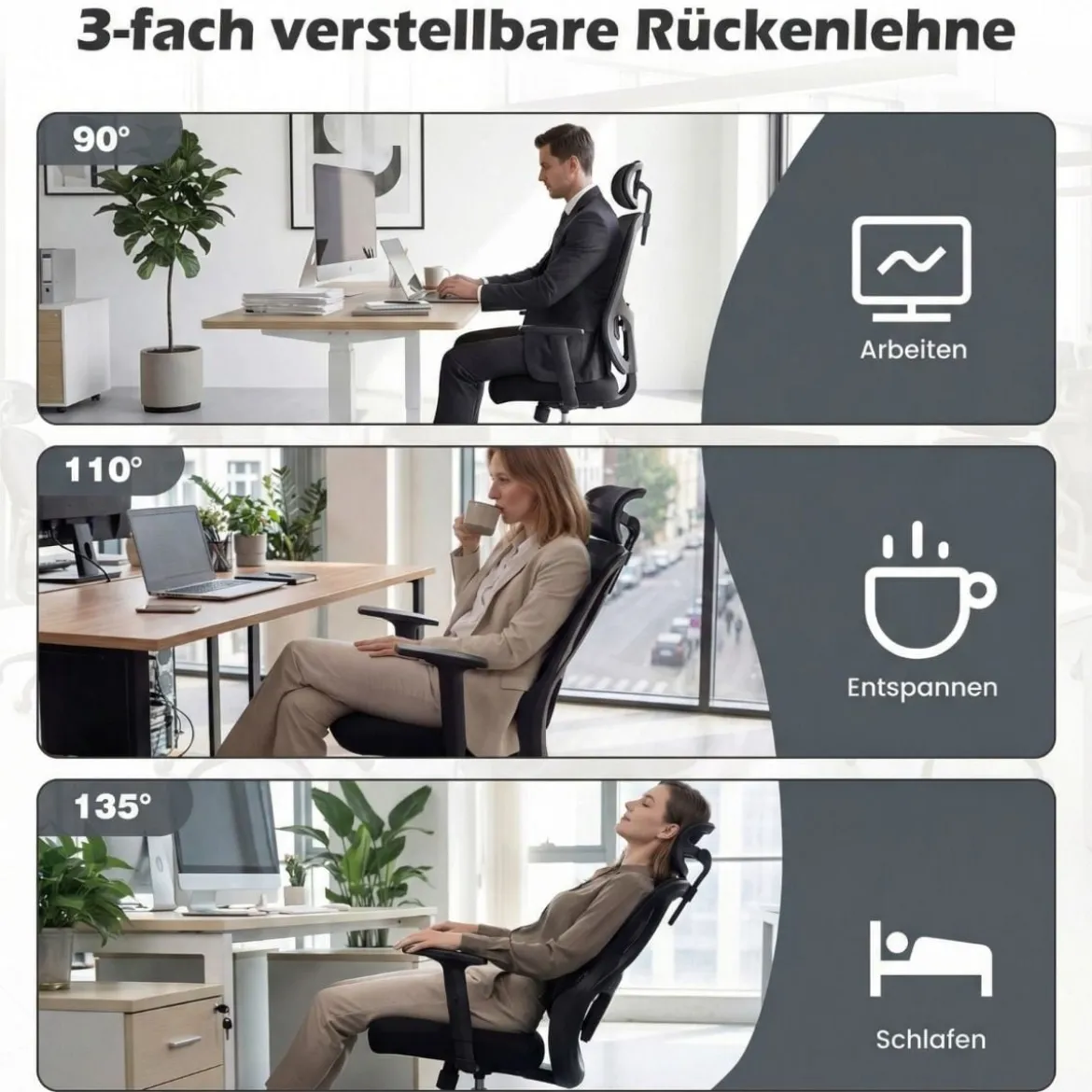 Ergonomischer Bürostuhl mit Verstellbarer Kopfstütze & Lendenstütze Schreibtischstuhl Schwarz