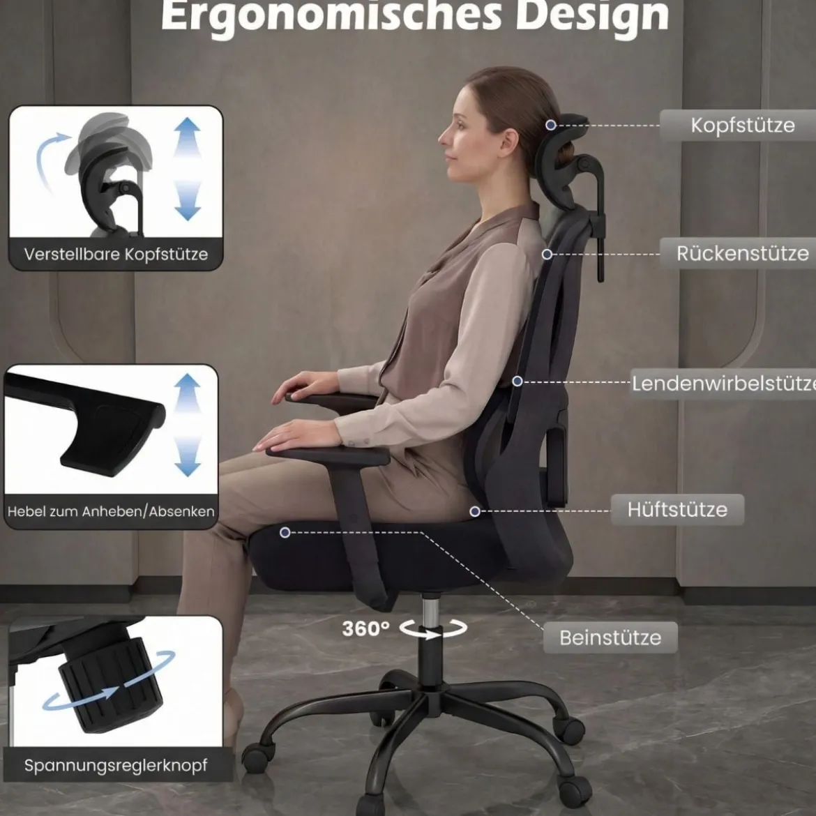 Ergonomischer Bürostuhl mit Verstellbarer Kopfstütze & Lendenstütze Schreibtischstuhl Schwarz