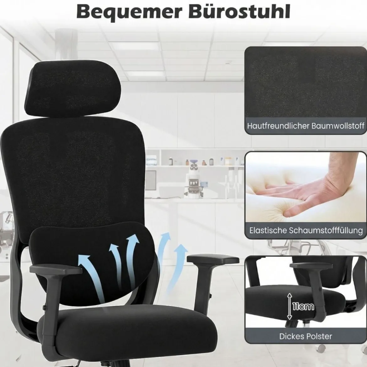 Ergonomischer Bürostuhl mit Verstellbarer Kopfstütze & Lendenstütze Schreibtischstuhl Schwarz