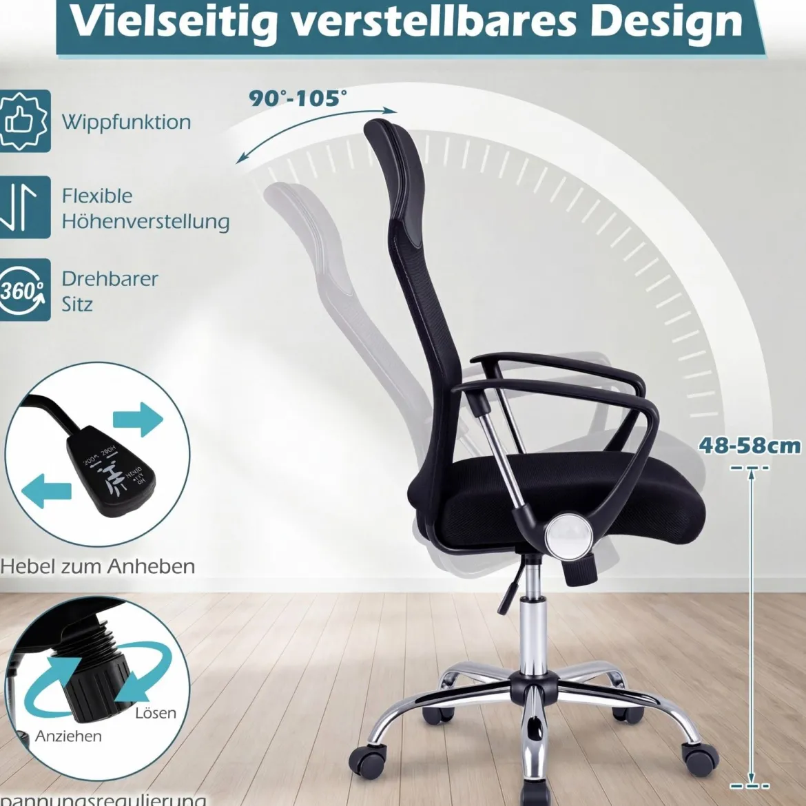 Ergonomischer Bürostuhl mit Wippfunktion Höhenverstellbarer Schreibtischstuhl Gaming Stuhl