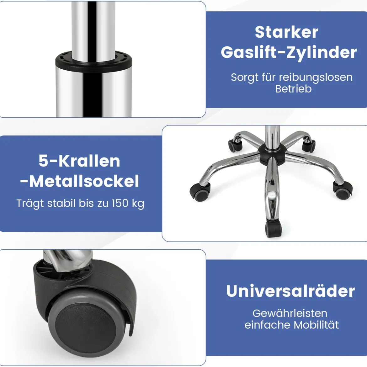 Ergonomischer Bürostuhl ohne Armlehne Gepolsterter Drehstuhl Schreibtischstuhl mit Rollen Weiß