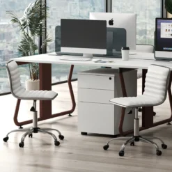 Ergonomischer Bürostuhl ohne Armlehne Gepolsterter Drehstuhl Schreibtischstuhl mit Rollen Weiß