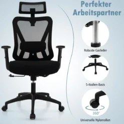Ergonomischer Bürostuhl Schreibtischstuhl mit Verstellbarer Lordosenstütze 69 x 63 x 110–119 cm Schwarz