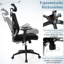 Ergonomischer Bürostuhl Schreibtischstuhl mit Verstellbarer Lordosenstütze 69 x 63 x 110–119 cm Schwarz