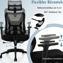 Ergonomischer Bürostuhl Schreibtischstuhl mit Verstellbarer Lordosenstütze 69 x 63 x 110–119 cm Schwarz