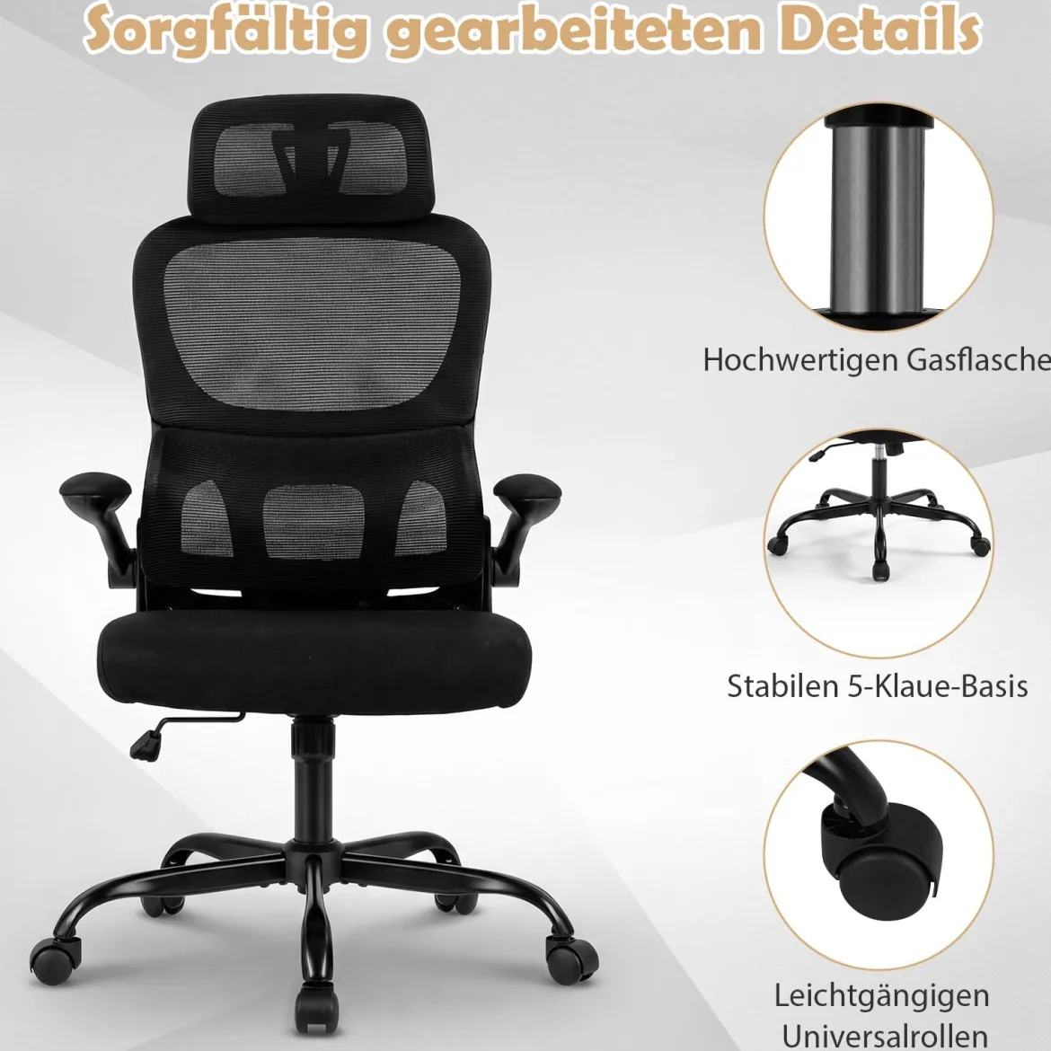 Ergonomischer Bürostuhl Schreibtischstuhl mit Lendenstütze Verstellbare Kopfstütze Schwarz