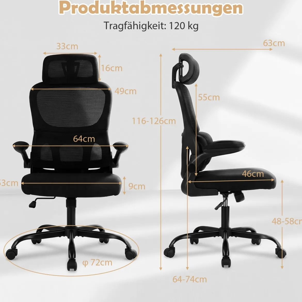 Ergonomischer Bürostuhl Schreibtischstuhl mit Lendenstütze Verstellbare Kopfstütze Schwarz