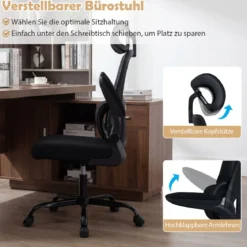 Ergonomischer Bürostuhl Schreibtischstuhl mit Lendenstütze Verstellbare Kopfstütze Schwarz