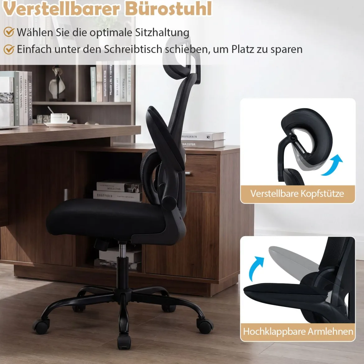 Ergonomischer Bürostuhl Schreibtischstuhl mit Lendenstütze Verstellbare Kopfstütze Schwarz