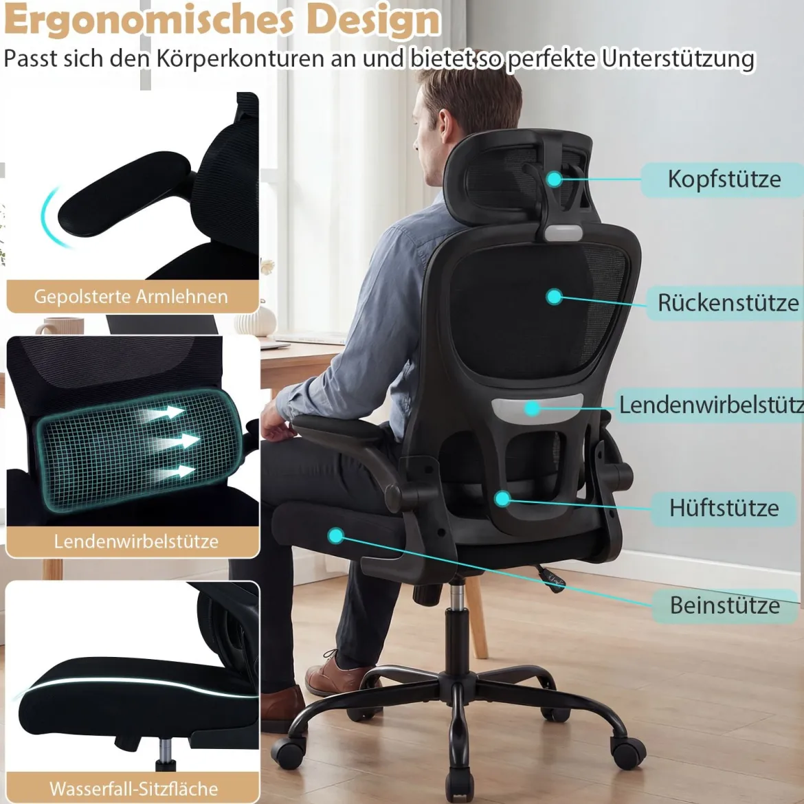 Ergonomischer Bürostuhl Schreibtischstuhl mit Lendenstütze Verstellbare Kopfstütze Schwarz