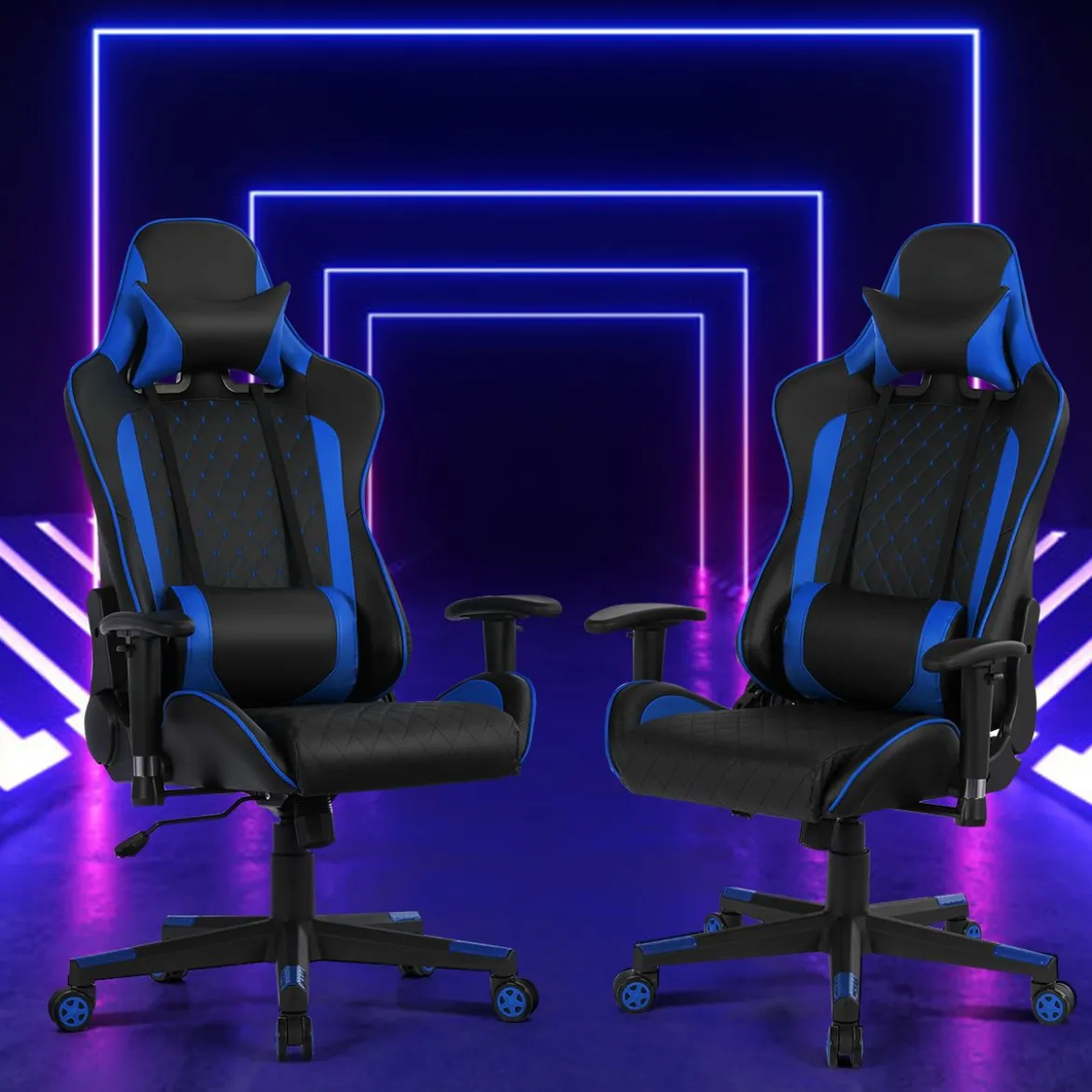 Ergonomischer Gaming Stuhl mit Hoher Rückenlehne & Kopfstütze & Lendenwirbelstütze Blau