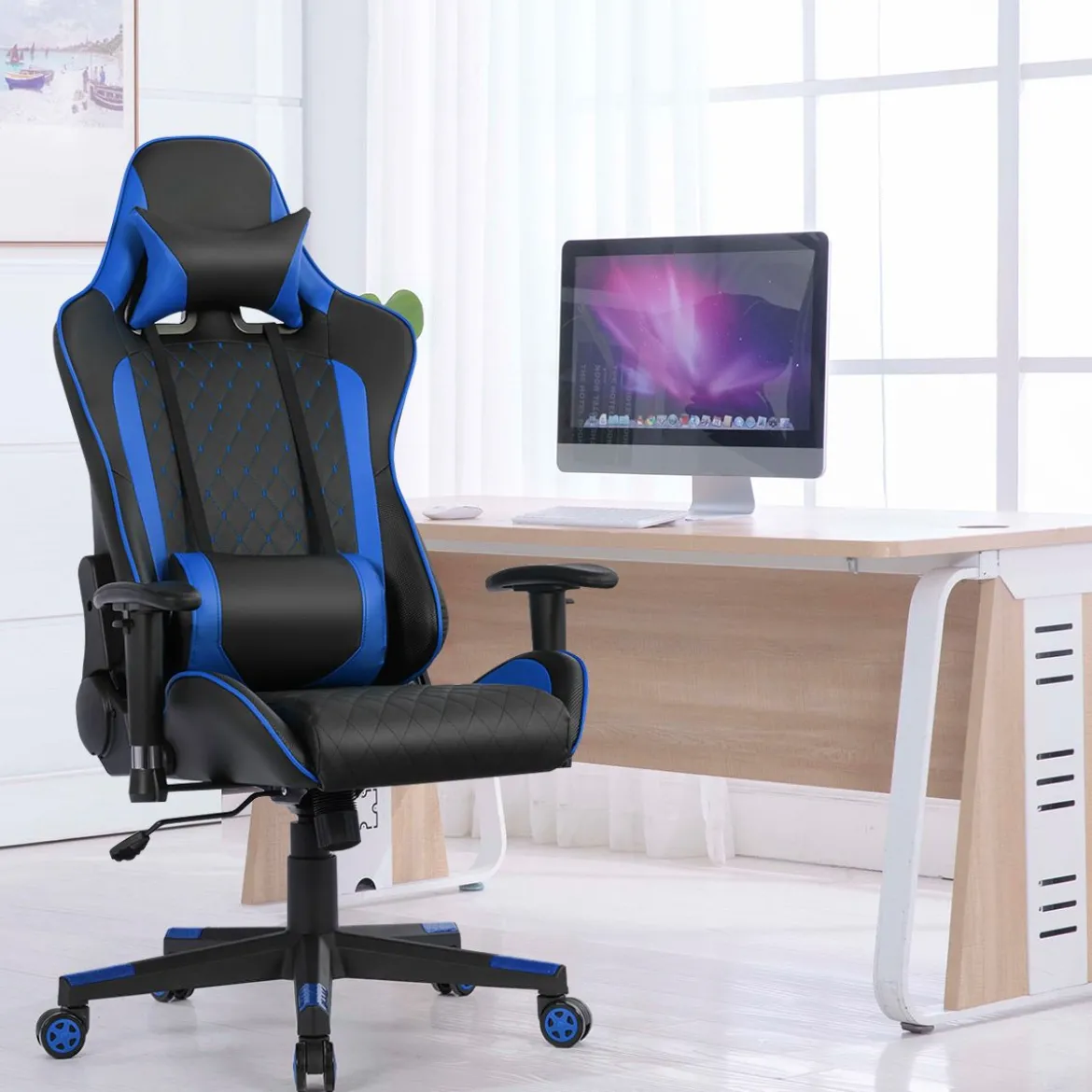 Ergonomischer Gaming Stuhl mit Hoher Rückenlehne & Kopfstütze & Lendenwirbelstütze Blau