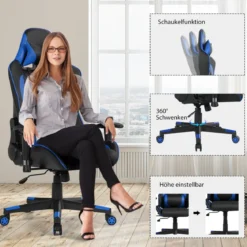 Ergonomischer Gaming Stuhl mit Hoher Rückenlehne & Kopfstütze & Lendenwirbelstütze Blau